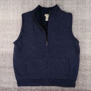 LL Bean Mens Full Zip Lambswool Blend Fleece Lined Sweater Vest Navy Blue XL-REG